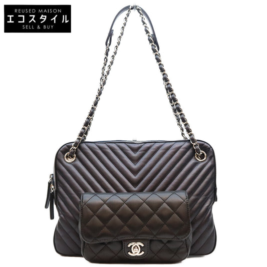 CHANEL シャネル 26番 黒×ネイビー ラム Vステッチ シェブロン×マトラッセ カメラケースショルダーバッグ ショルダーバッグ
