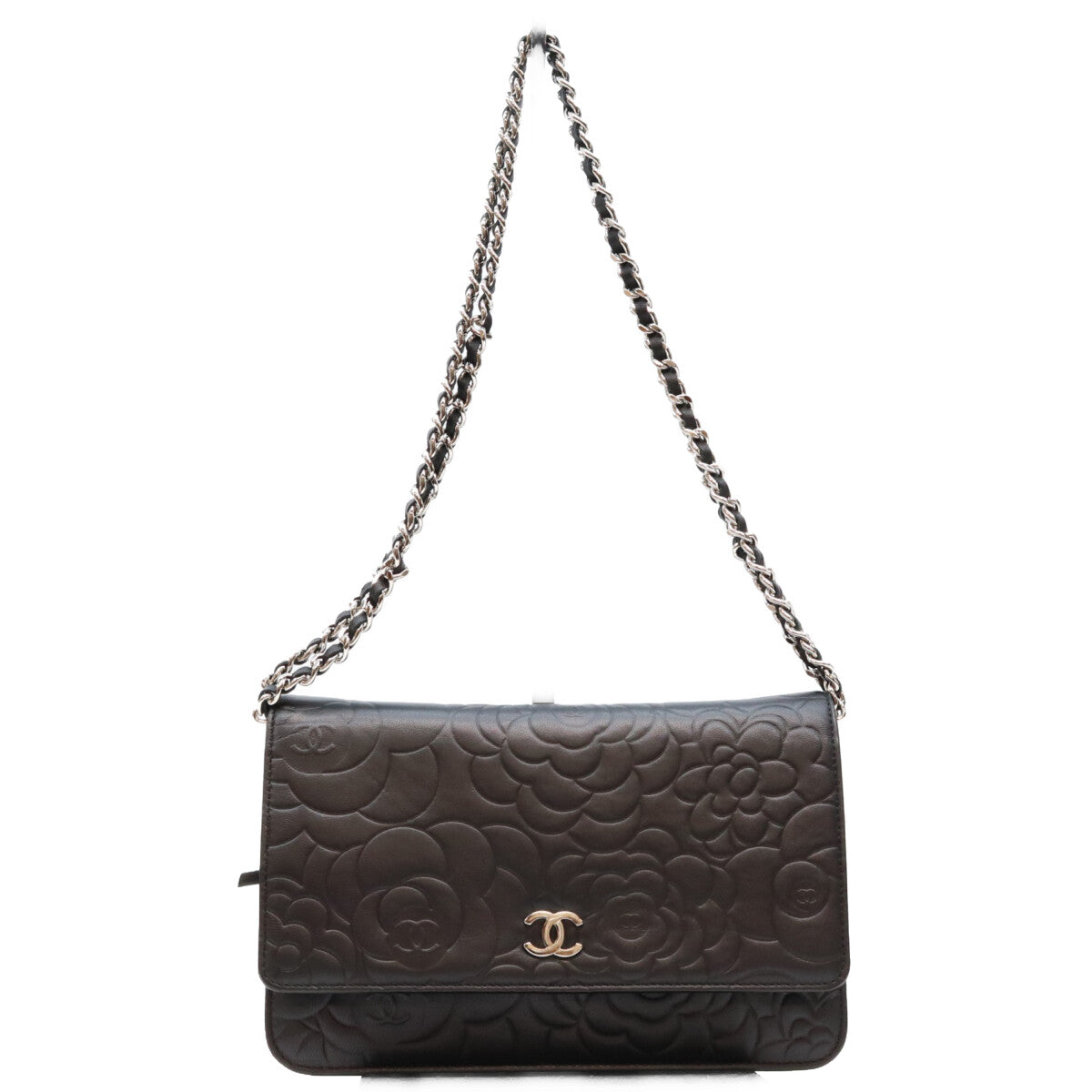 CHANEL シャネル A47421 黒 ラム SV金具 カメリア チェーンウォレット ショルダーバッグ