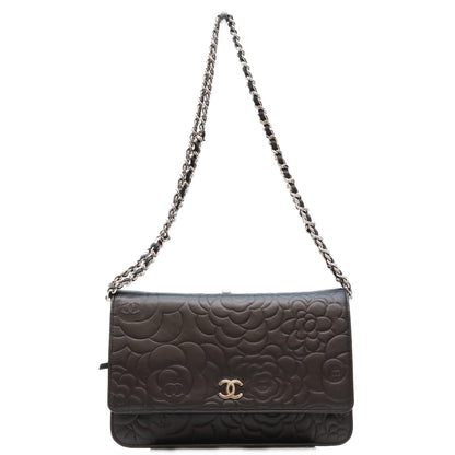 CHANEL シャネル A47421 黒 ラム SV金具 カメリア チェーンウォレット ショルダーバッグ