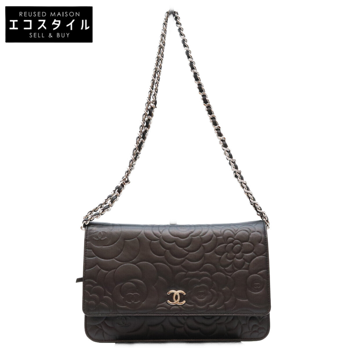 CHANEL シャネル A47421 黒 ラム SV金具 カメリア チェーンウォレット ショルダーバッグ