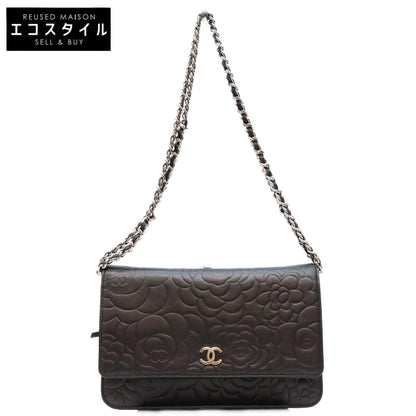 CHANEL シャネル A47421 黒 ラム SV金具 カメリア チェーンウォレット ショルダーバッグ