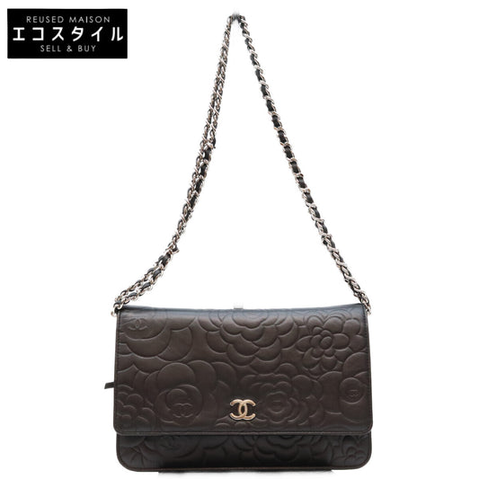 CHANEL シャネル A47421 黒 ラム SV金具 カメリア チェーンウォレット ショルダーバッグ