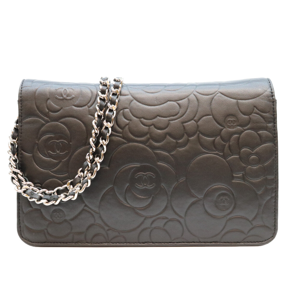 CHANEL シャネル A47421 黒 ラム SV金具 カメリア チェーンウォレット ショルダーバッグ