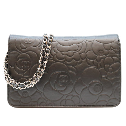 CHANEL シャネル A47421 黒 ラム SV金具 カメリア チェーンウォレット ショルダーバッグ