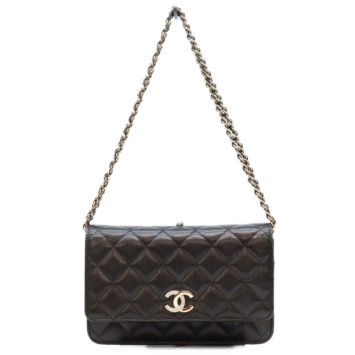 CHANEL シャネル 黒 タムレスクラシック キャビア G金具 ハーフラインストーン チェーンウォレット ショルダーバッグ