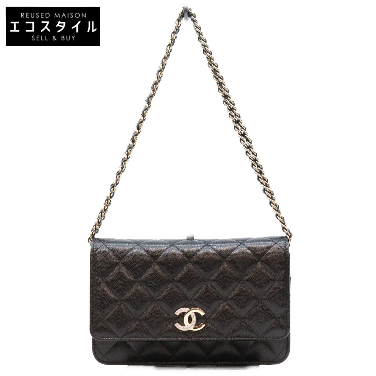 CHANEL シャネル 黒 タムレスクラシック キャビア G金具 ハーフラインストーン チェーンウォレット ショルダーバッグ