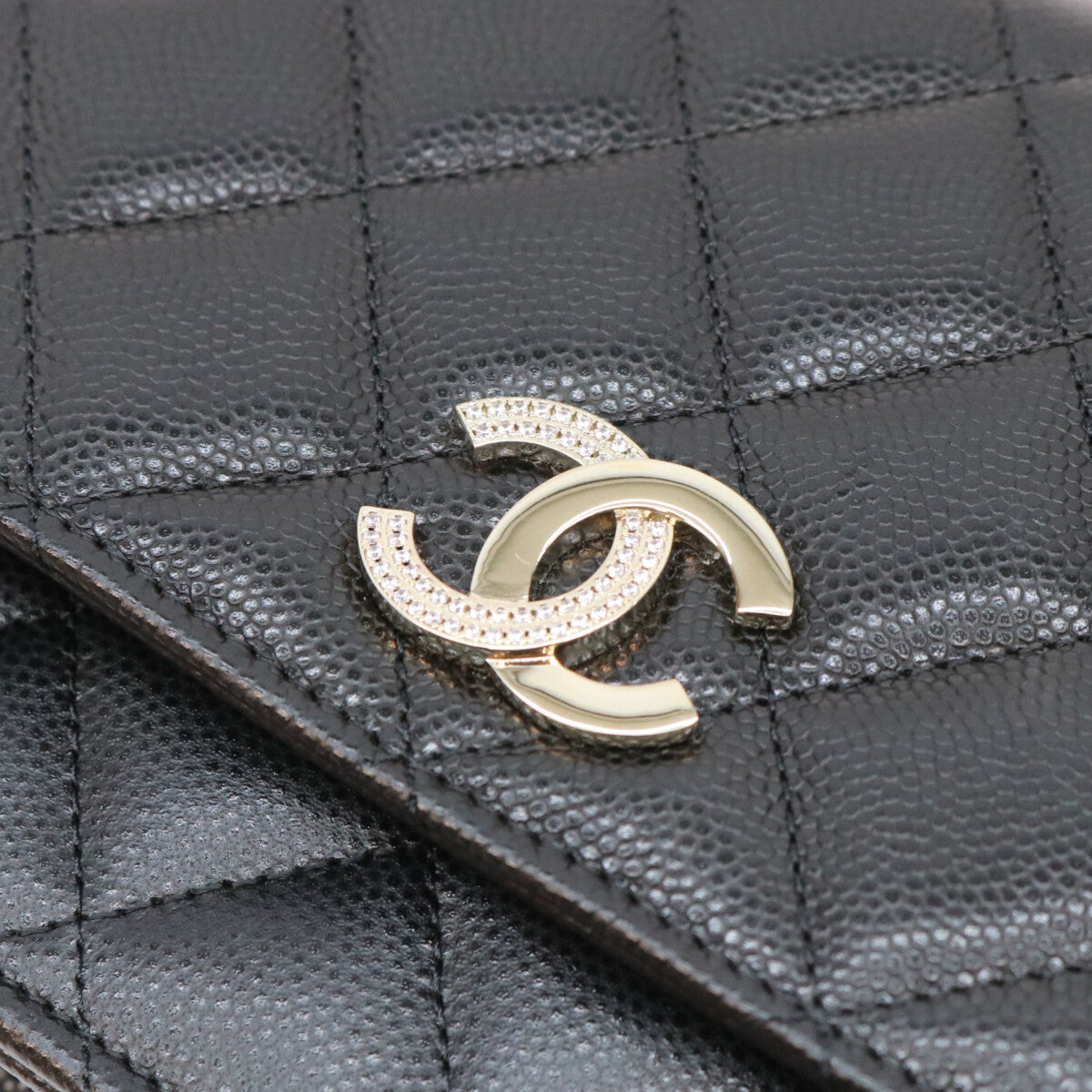 CHANEL シャネル 黒 タムレスクラシック キャビア G金具 ハーフラインストーン チェーンウォレット ショルダーバッグ