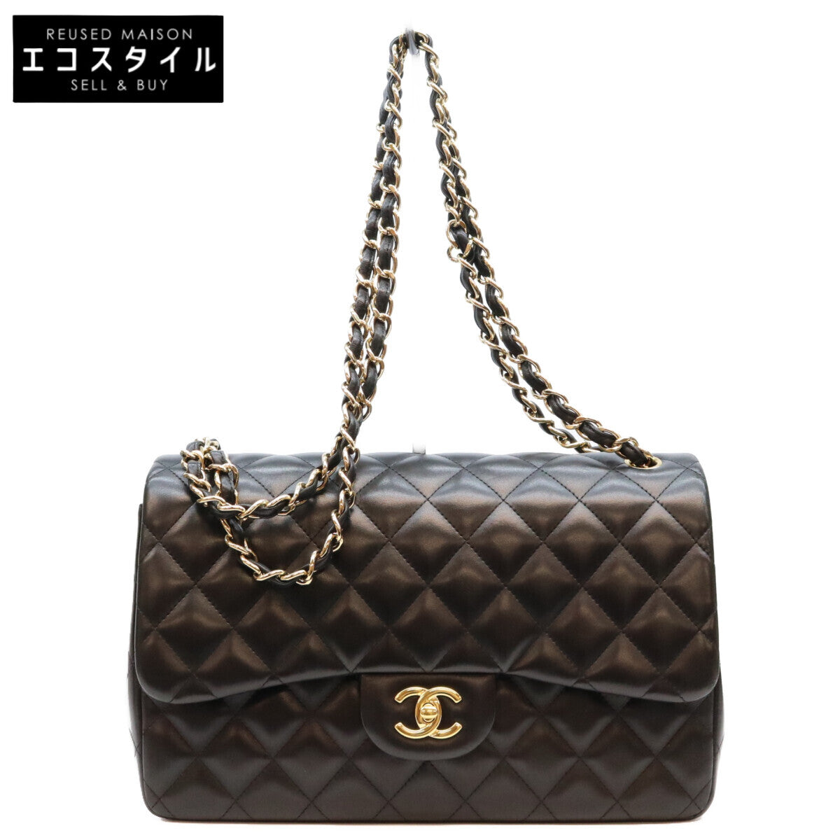 CHANEL シャネル 19番 14年 A58600 黒 ラム G金具 Wフラップ デカマトラッセ30 ショルダーバック ショルダーバッグ
