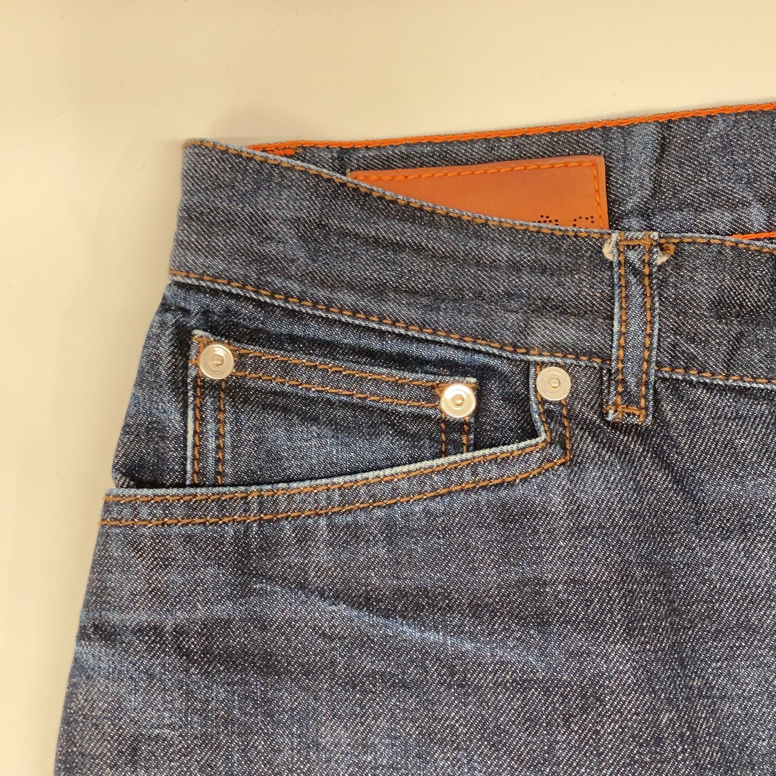 Selvedge Leather Patch Denim with Serio Button, Indigo Bottoms 40 Men's