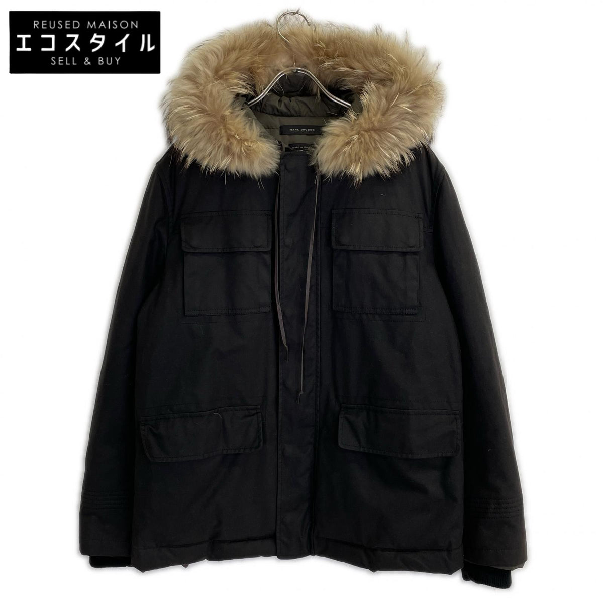 MARC JACOBS black oil-treated down jacket with fur jacket