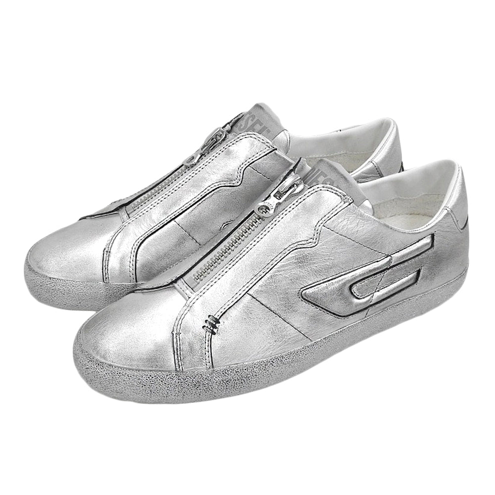 DIESEL ディーゼル 美品 S-LEOROJI ZIP LOW レザー フロントジップ スニーカー シューズ メンズ シルバー 28.5cm シューズ