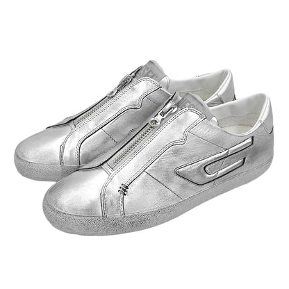 DIESEL ディーゼル 美品 S-LEOROJI ZIP LOW レザー フロントジップ スニーカー シューズ メンズ シルバー 28.5cm シューズ