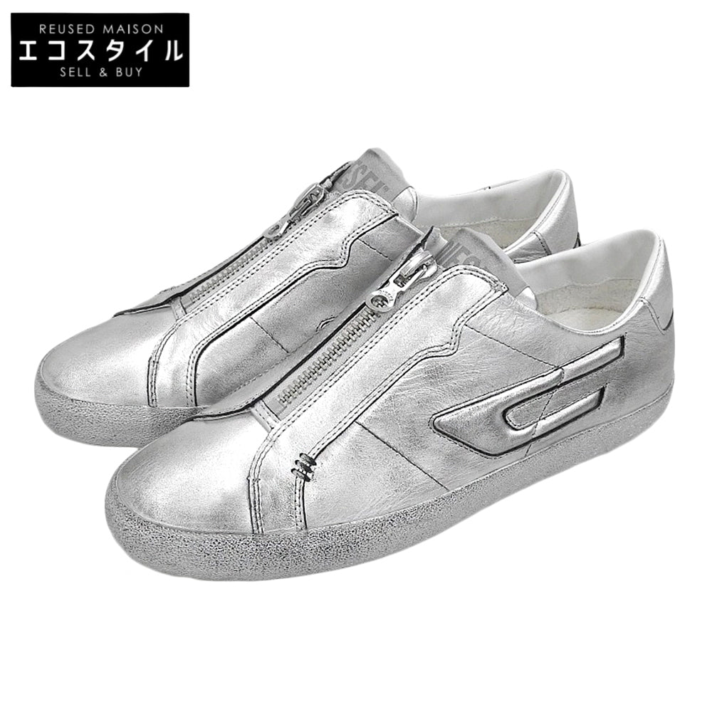 DIESEL ディーゼル 美品 S-LEOROJI ZIP LOW レザー フロントジップ スニーカー シューズ メンズ シルバー 28.5cm シューズ