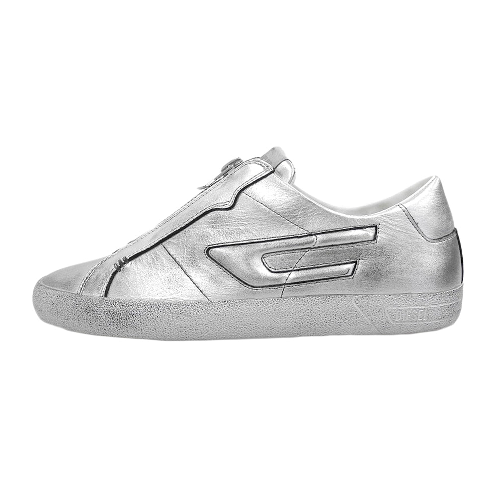 DIESEL ディーゼル 美品 S-LEOROJI ZIP LOW レザー フロントジップ スニーカー シューズ メンズ シルバー 28.5cm シューズ