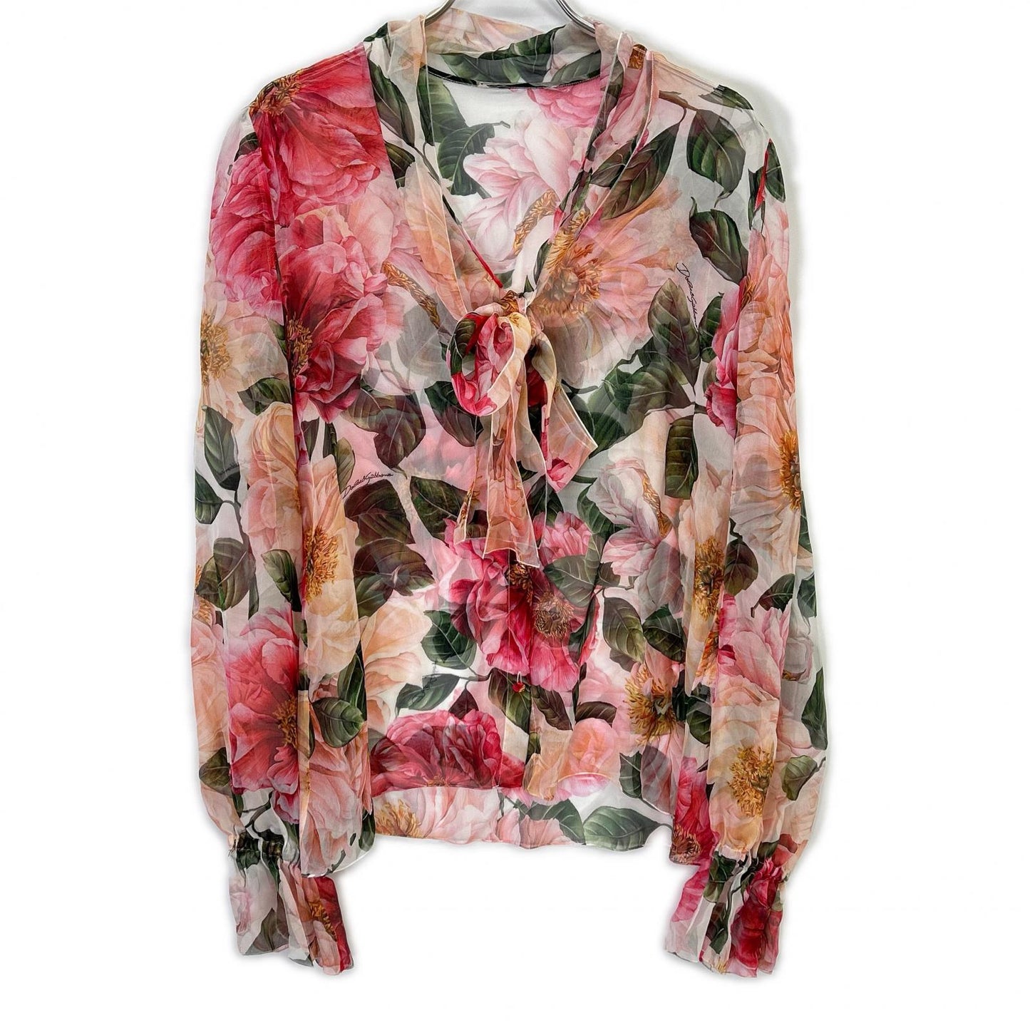 DOLCE&GABBANA F5N69T/IS1E4 Silk Chiffon Floral Print Ribbon Tie Blouse