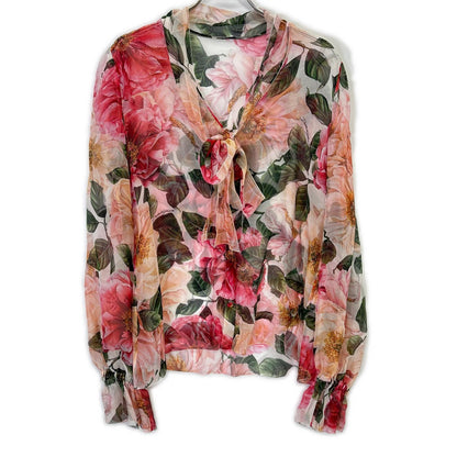DOLCE&GABBANA F5N69T/IS1E4 Silk Chiffon Floral Print Ribbon Tie Blouse