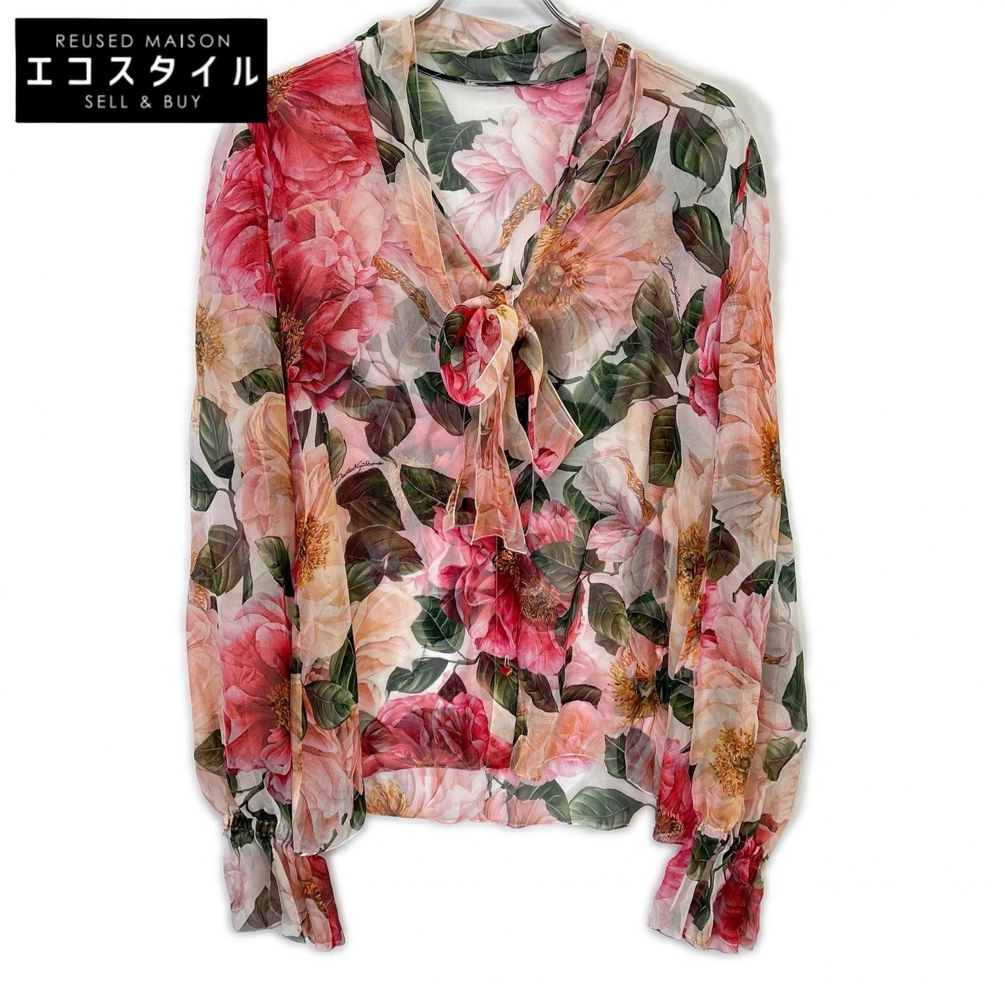 DOLCE&GABBANA F5N69T/IS1E4 Silk Chiffon Floral Print Ribbon Tie Blouse