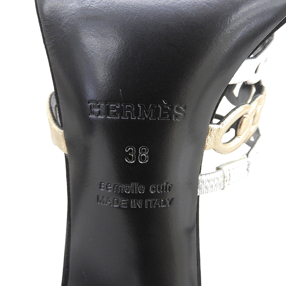 HERMES エルメス 美品 シェーヌダンクル ストラップ サンダル シューズ レディース ブラック×シルバー×ゴールド 38 シューズ