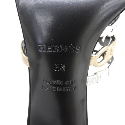HERMES エルメス 美品 シェーヌダンクル ストラップ サンダル シューズ レディース ブラック×シルバー×ゴールド 38 シューズ
