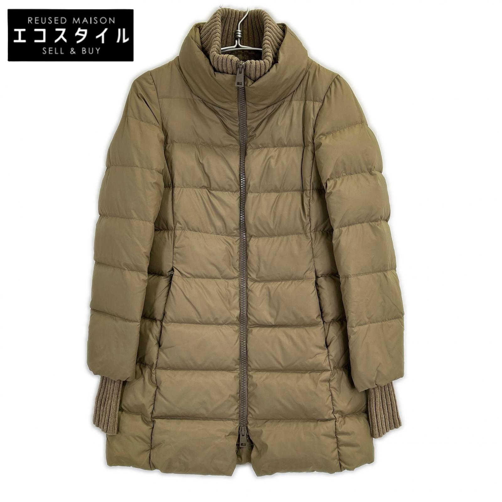 Beige Ribbed Hooded Down Coat 42 Women's