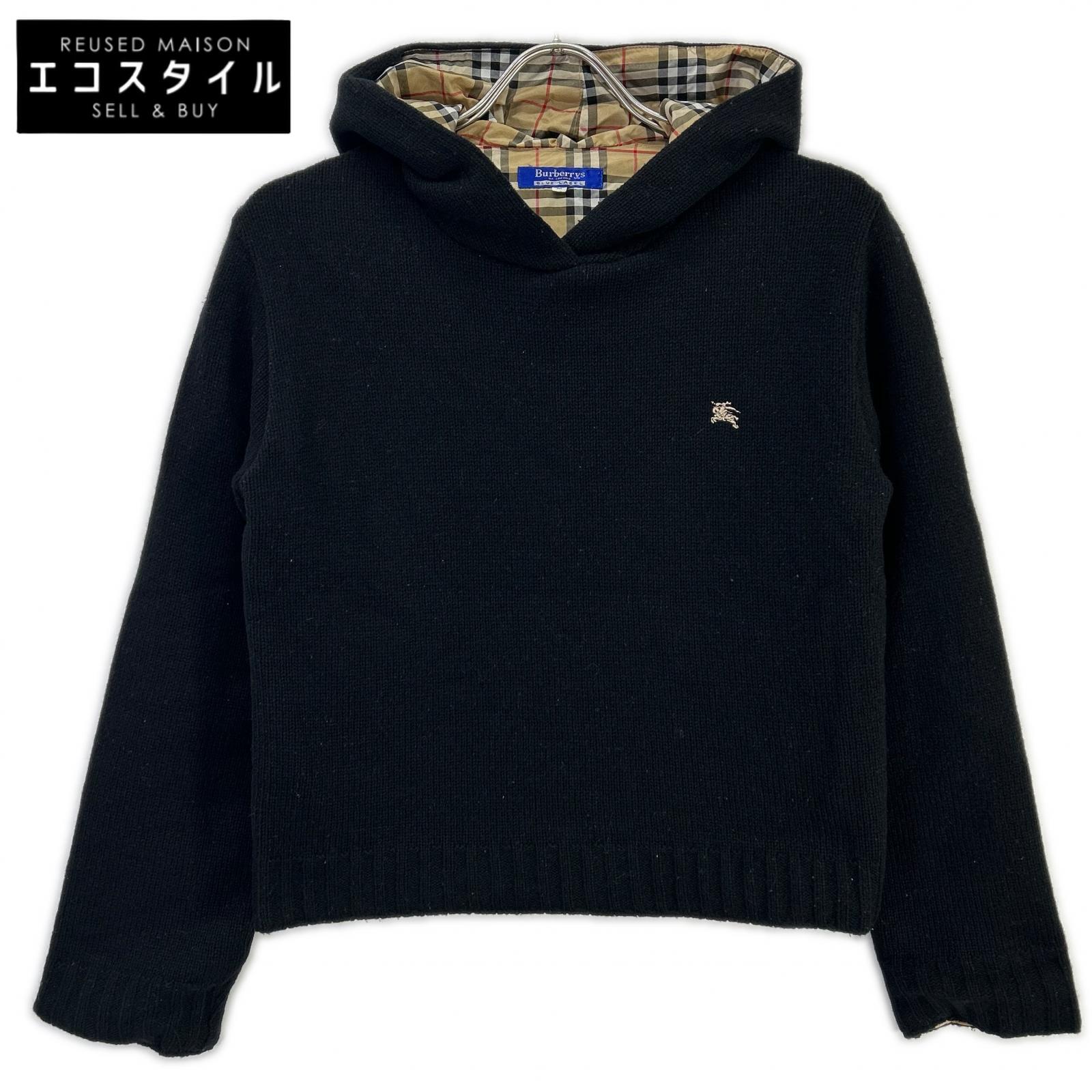 Burberry Blue Label バーバリーブルーレーベル ブラック ウール 裏地チェック サイドジップ パーカー トップス