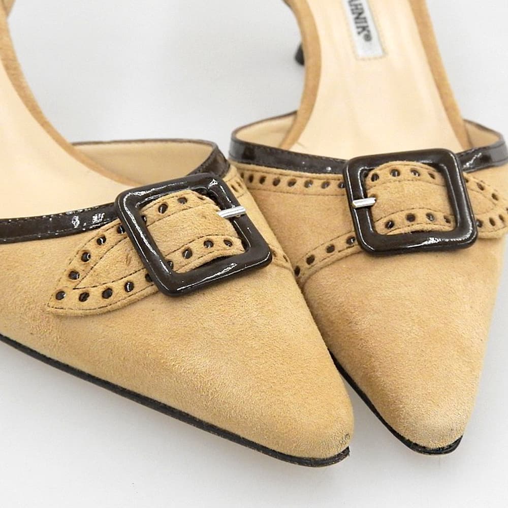 MANOLO BLAHNIK マノロブラニク 美品 ベルトバックル セパレートパンプス シューズ レディース ベージュ×ブラウン 36 1/2 シューズ