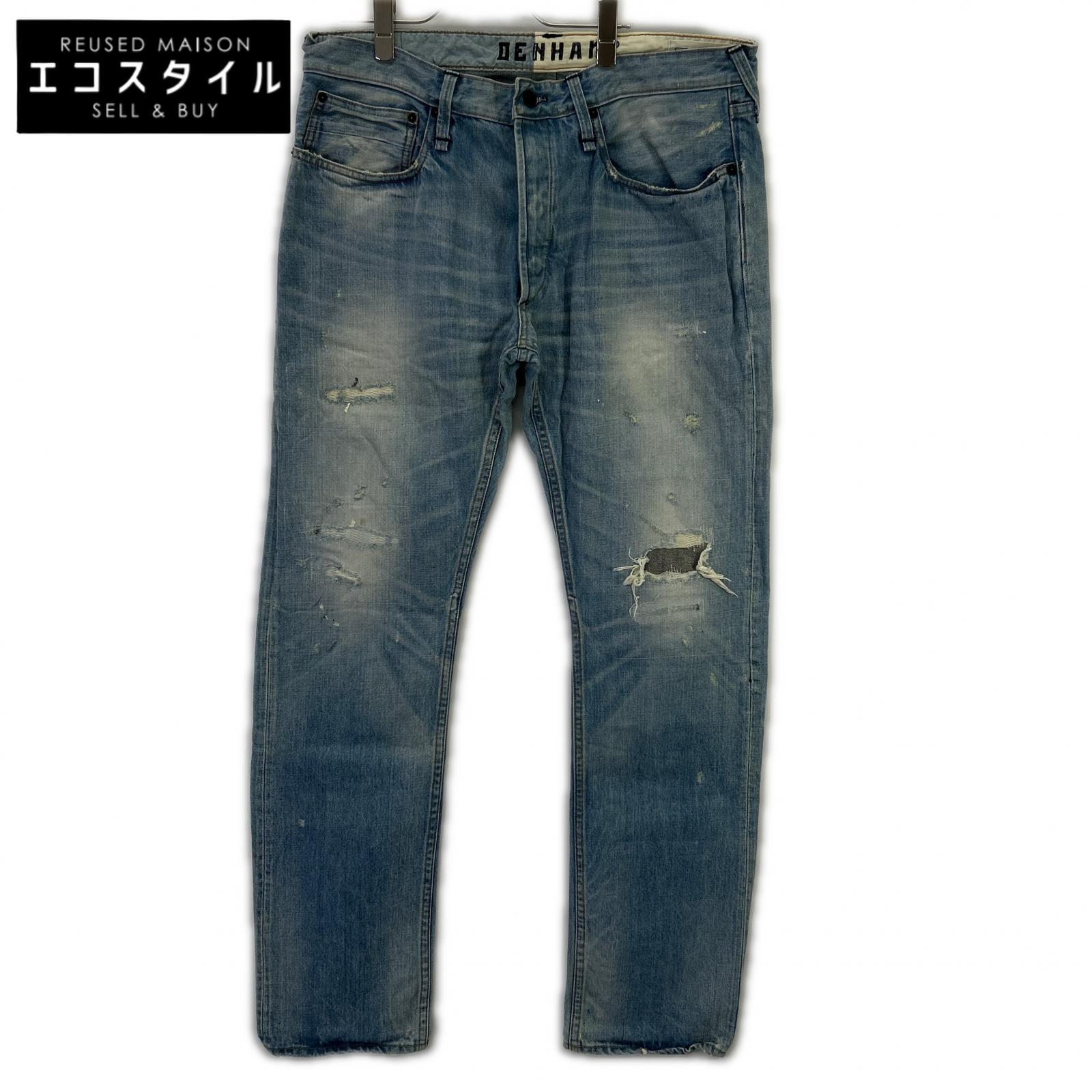 DENHAM デンハム ブルー ボタンフライ 日本製 ダメージデニムパンツ ボトムス