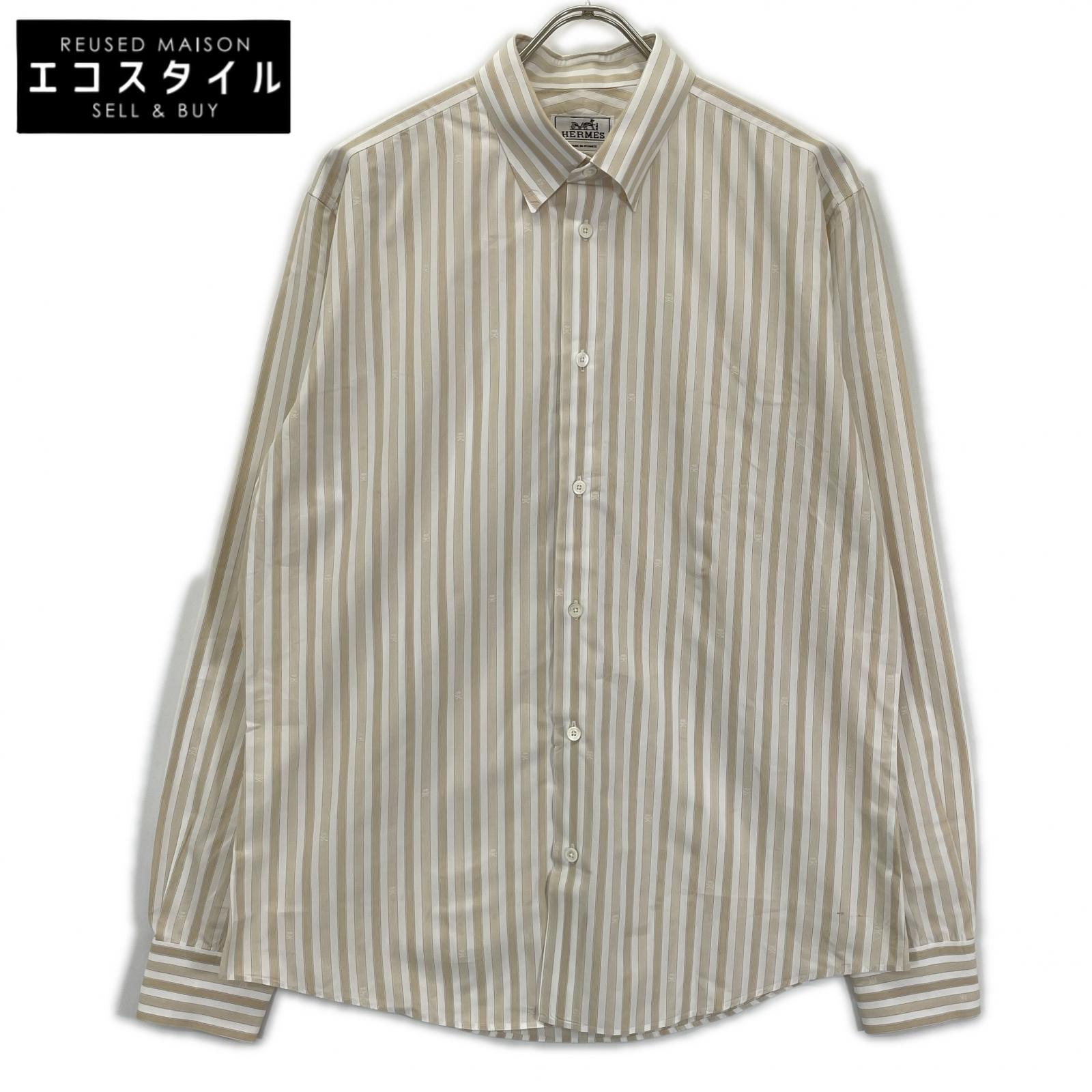 HERMES エルメス ベージュ×ホワイト ストライプシャツ トップス