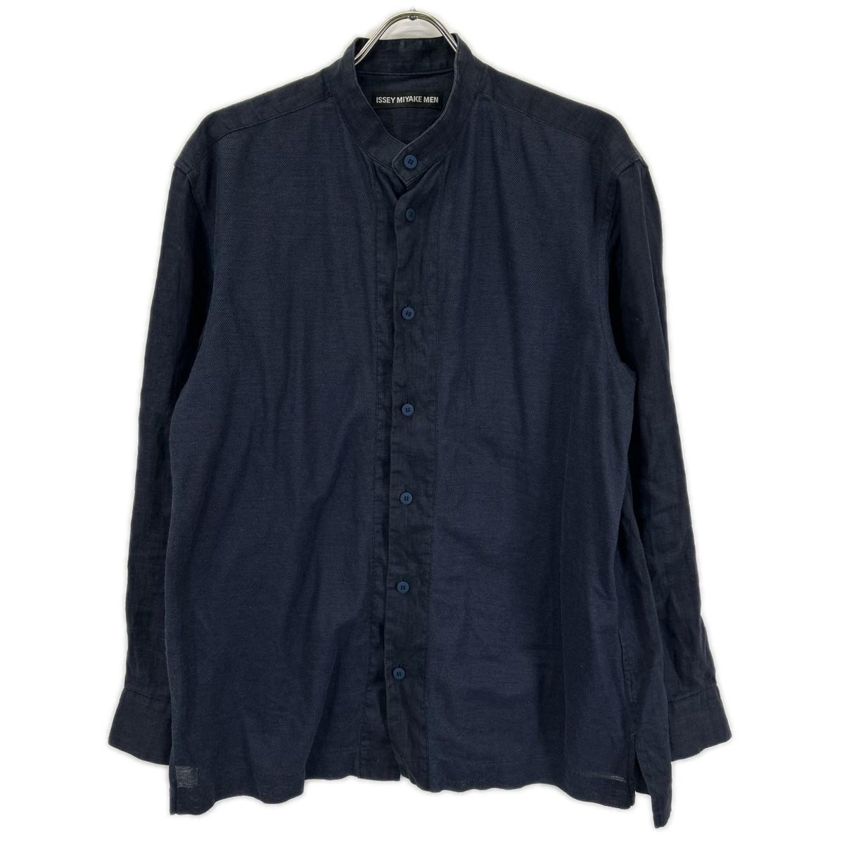 ISSEY MIYAKE MEN イッセイミヤケメン ME51FJ089 ネイビー バンドカラー フロント切り替え リネン 長袖シャツ トップス