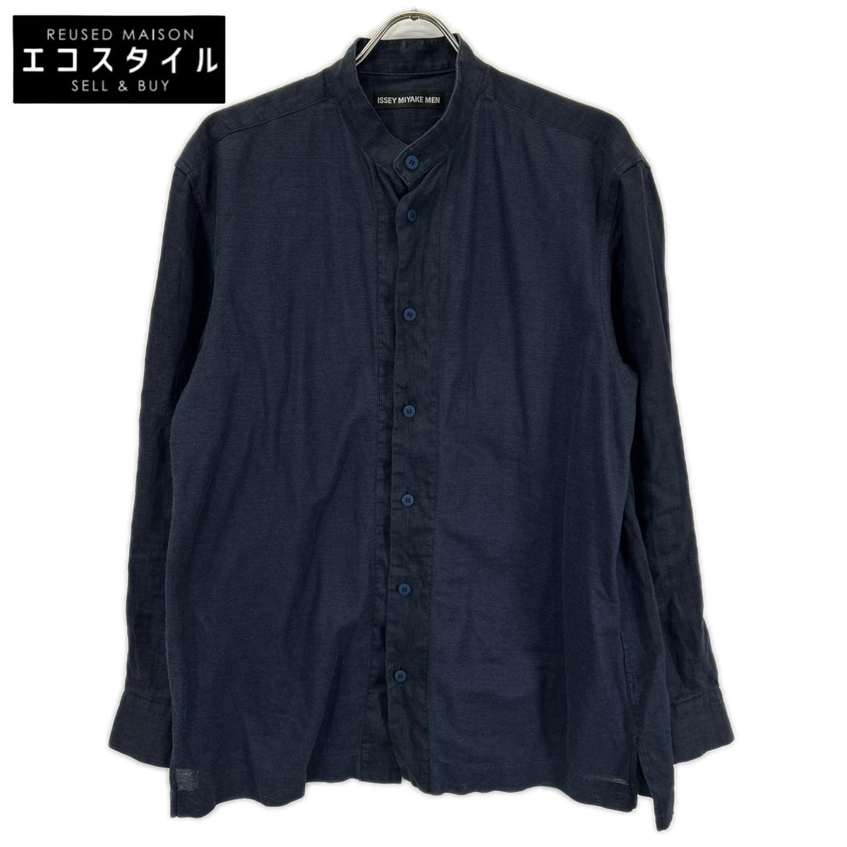 ISSEY MIYAKE MEN イッセイミヤケメン ME51FJ089 ネイビー バンドカラー フロント切り替え リネン 長袖シャツ トップス