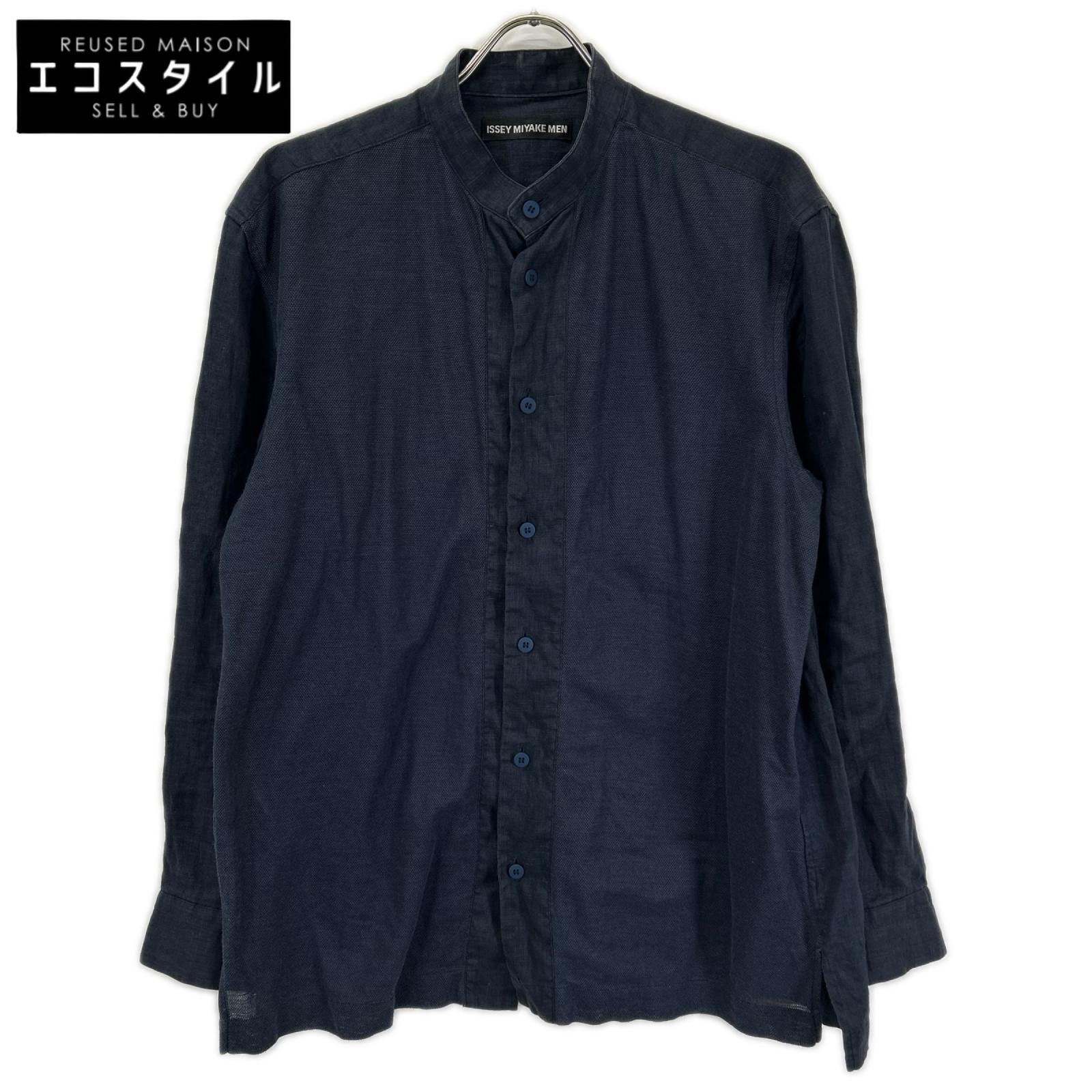 ISSEY MIYAKE MEN イッセイミヤケメン ME51FJ089 ネイビー バンドカラー フロント切り替え リネン 長袖シャツ トップス