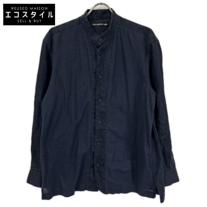 ISSEY MIYAKE MEN イッセイミヤケメン ME51FJ089 ネイビー バンドカラー フロント切り替え リネン 長袖シャツ トップス