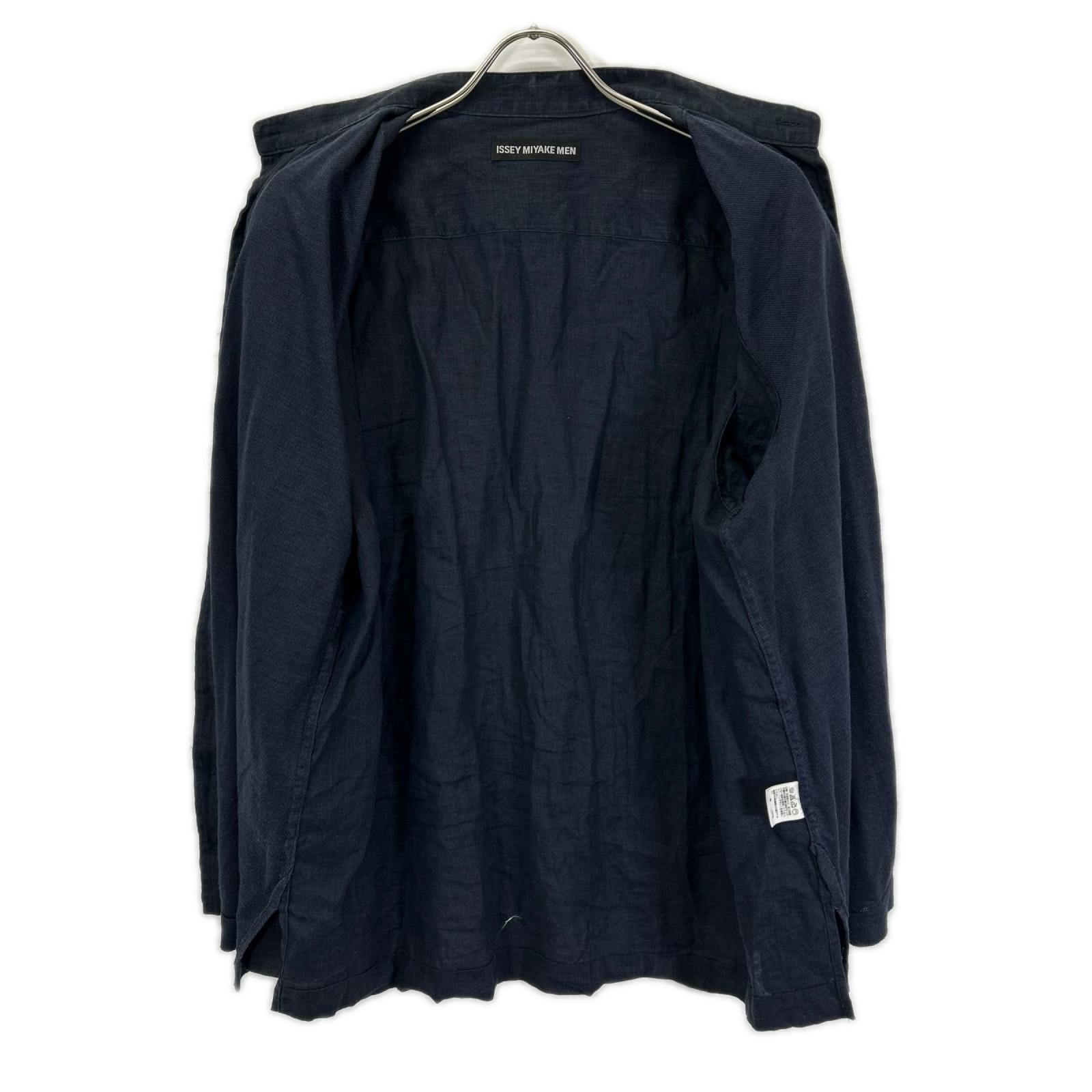 ISSEY MIYAKE MEN イッセイミヤケメン ME51FJ089 ネイビー バンドカラー フロント切り替え リネン 長袖シャツ トップス