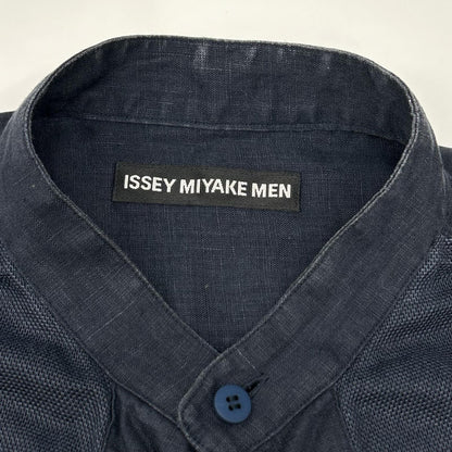 ISSEY MIYAKE MEN イッセイミヤケメン ME51FJ089 ネイビー バンドカラー フロント切り替え リネン 長袖シャツ トップス