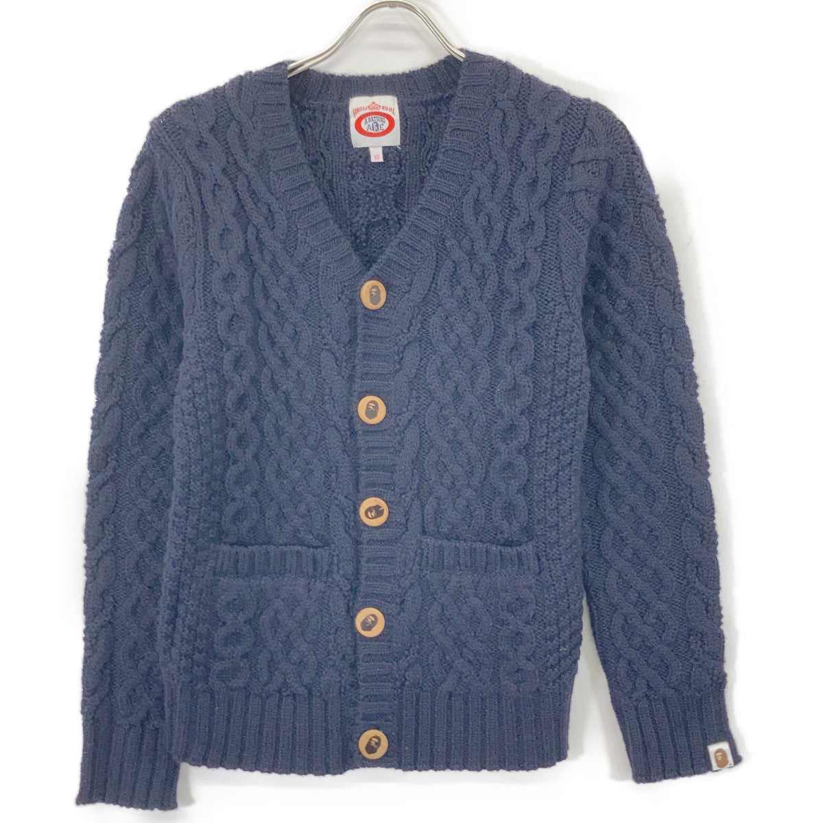 A BATHING APE 001KN9802007 Navy Cable-Knit Wood-Button Cardigan