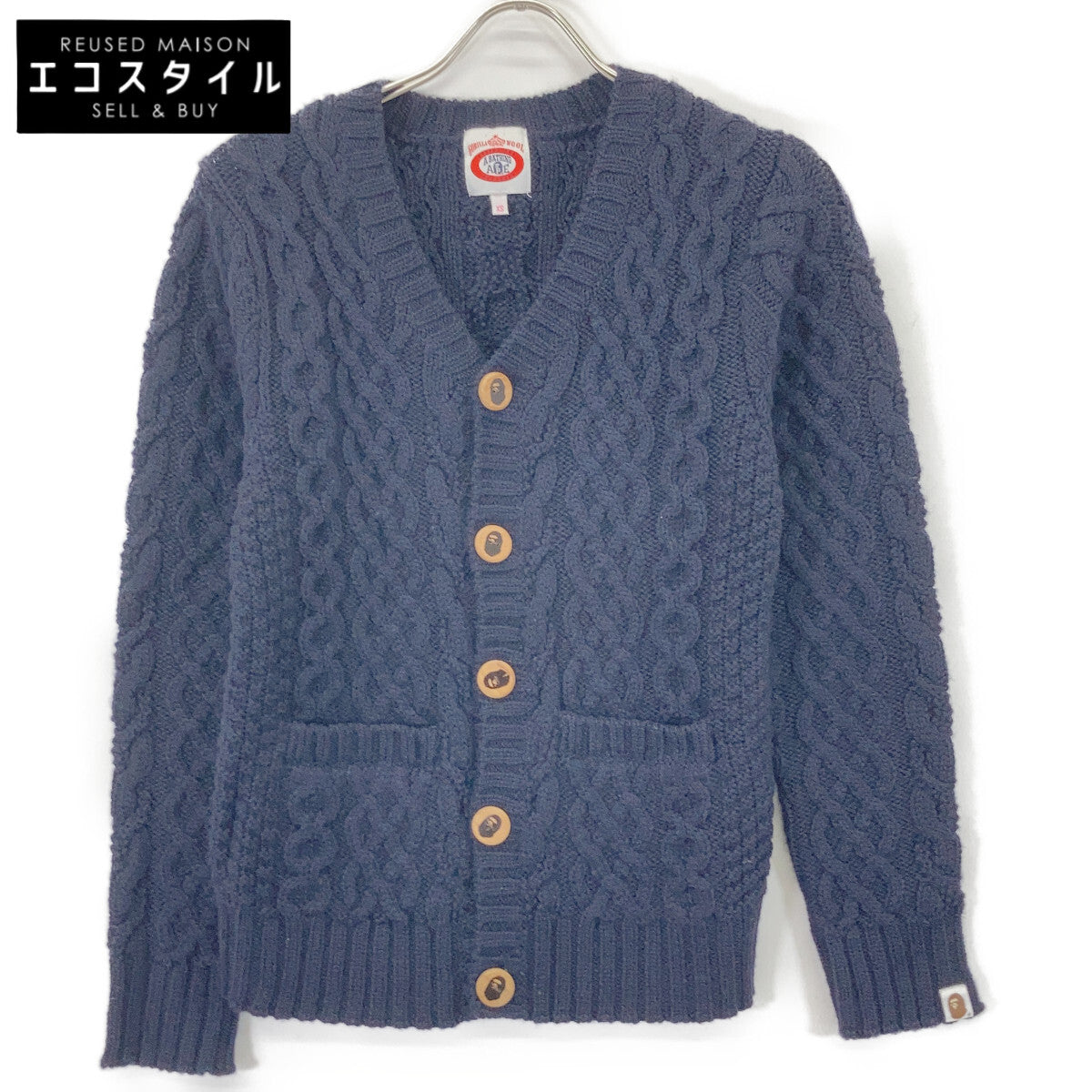 A BATHING APE 001KN9802007 Navy Cable-Knit Wood-Button Cardigan