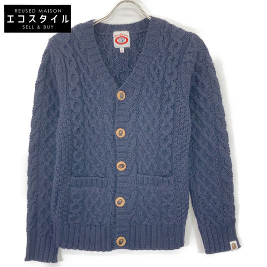 A BATHING APE 001KN9802007 Navy Cable-Knit Wood-Button Cardigan