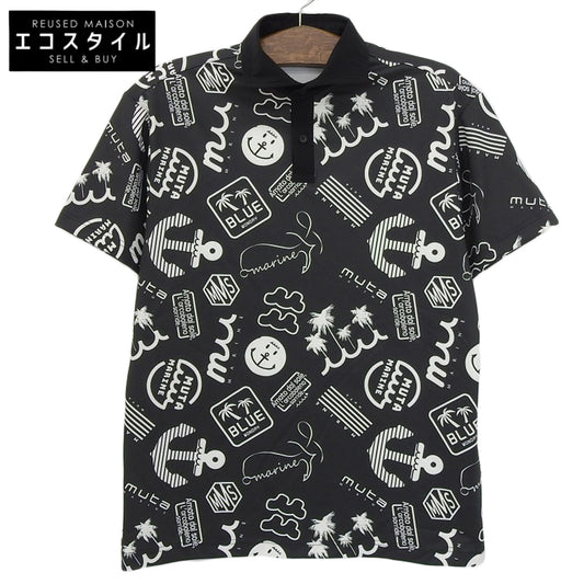 MUTA MARINE ムータマリーン 美品 総柄 ランダムロゴ ポロシャツ トップス メンズ ブラック ホワイト 6 446186 トップス 6