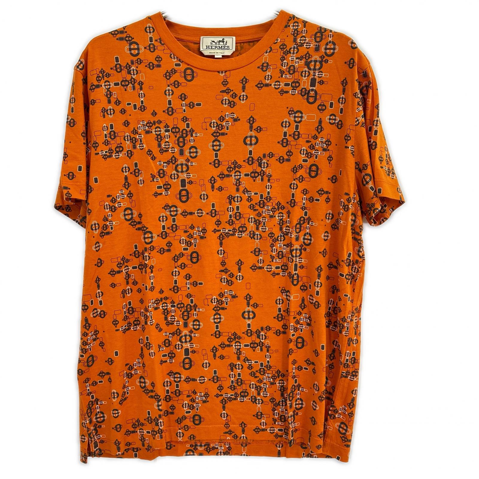 HERMES エルメス オレンジ シェーヌダンクル柄 コットン Tシャツ トップス