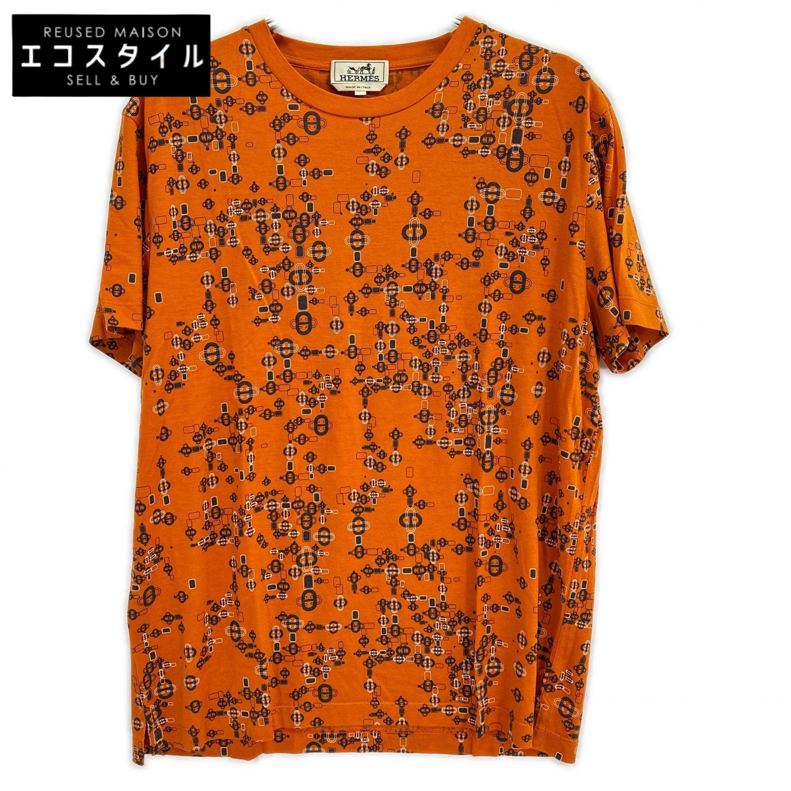 HERMES エルメス オレンジ シェーヌダンクル柄 コットン Tシャツ トップス
