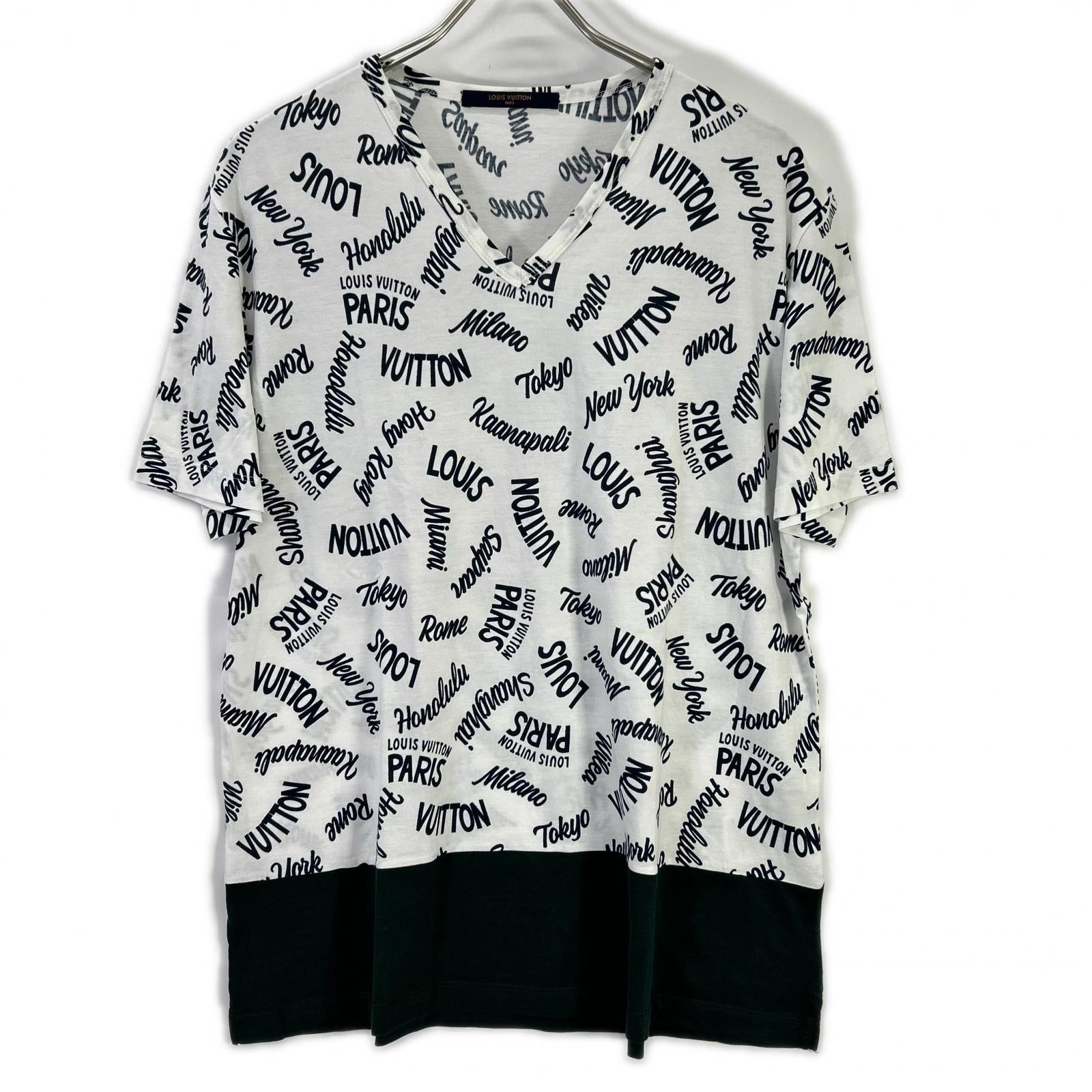 LOUIS VUITTON ルイヴィトン 18SS HEY06W ホワイト×グリーン オックスフォードシティロゴVネックTシャツ トップス