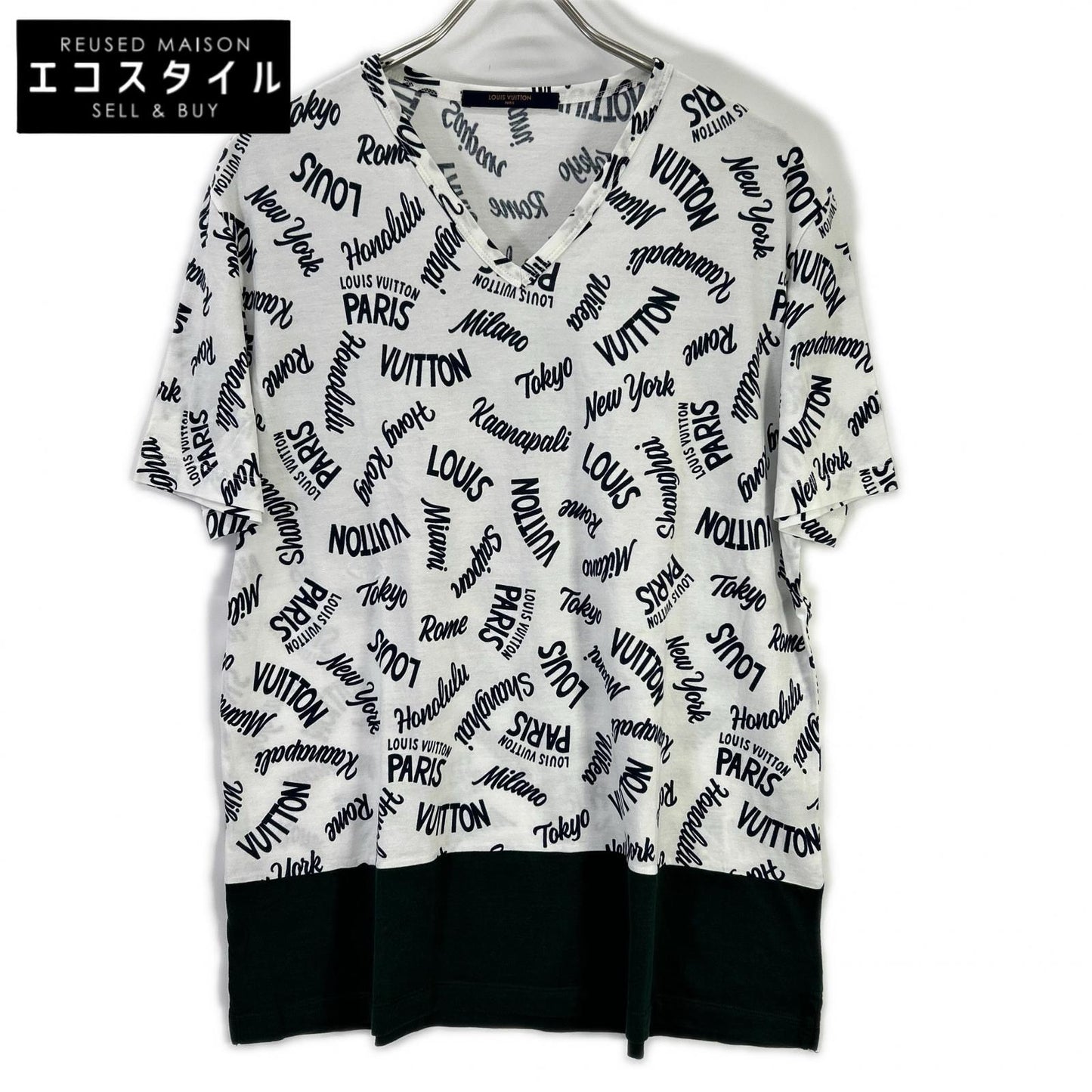 LOUIS VUITTON ルイヴィトン 18SS HEY06W ホワイト×グリーン オックスフォードシティロゴVネックTシャツ トップス