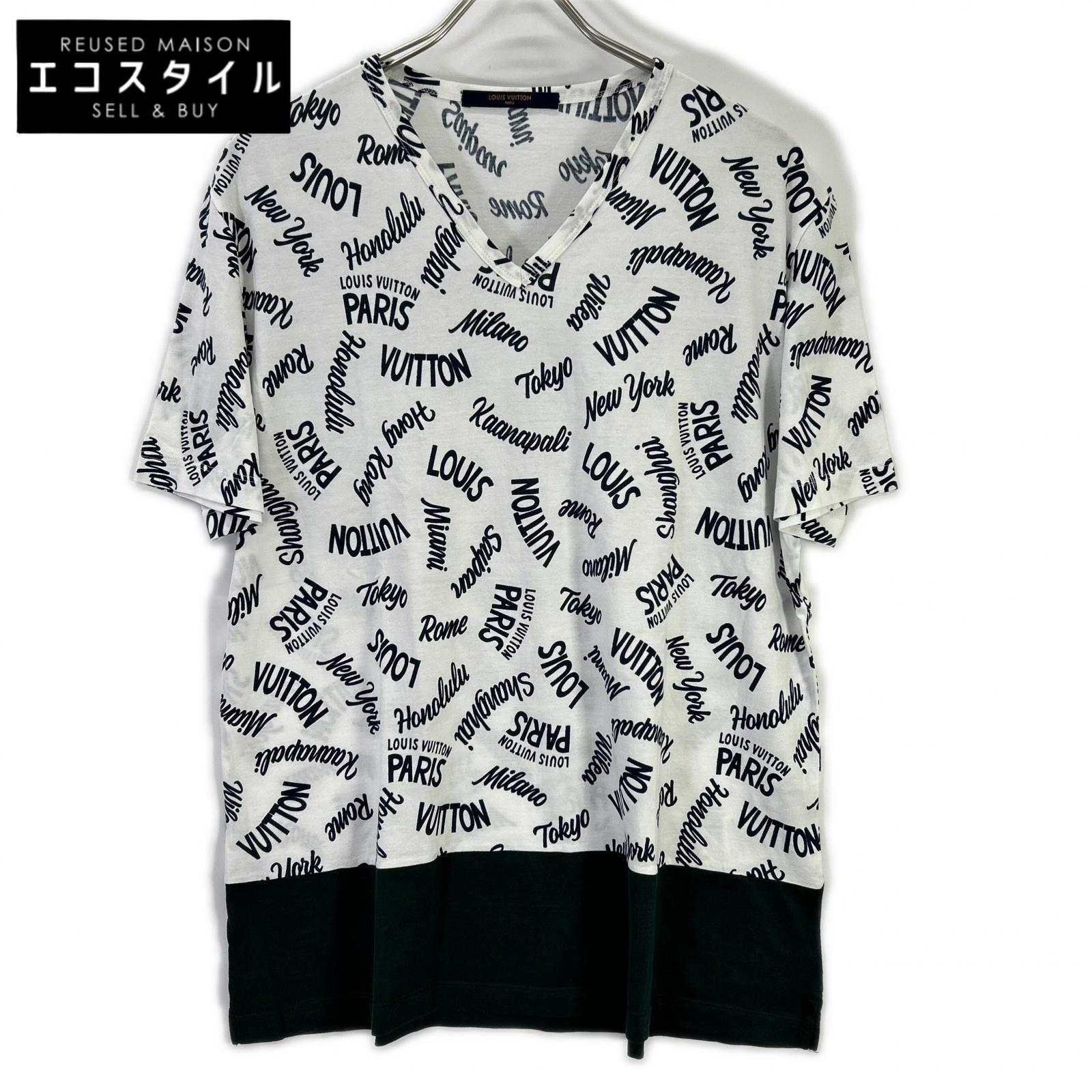 LOUIS VUITTON ルイヴィトン 18SS HEY06W ホワイト×グリーン オックスフォードシティロゴVネックTシャツ トップス