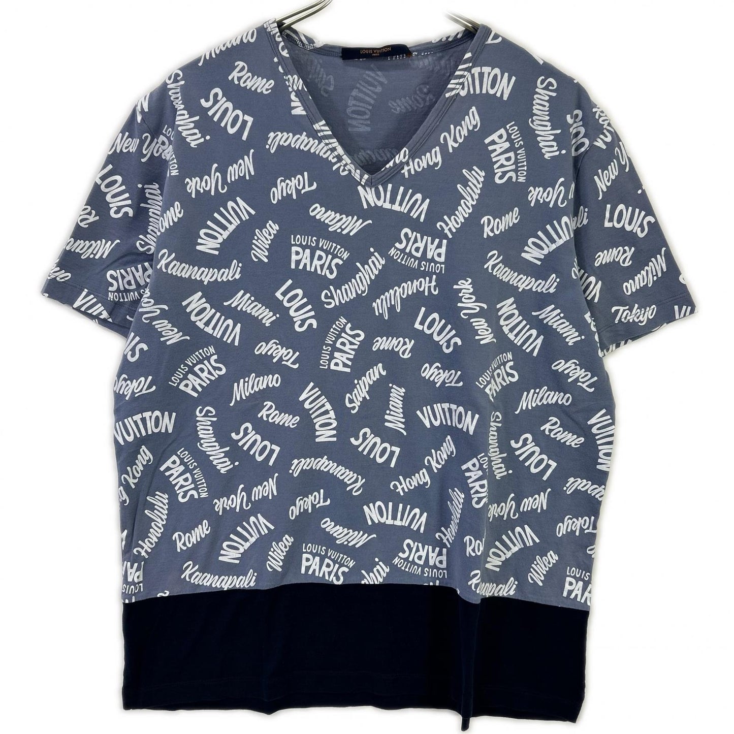 LOUIS VUITTON ルイヴィトン 18SS HEY06W ブルー×ネイビー オックスフォードシティロゴVネックTシャツ トップス