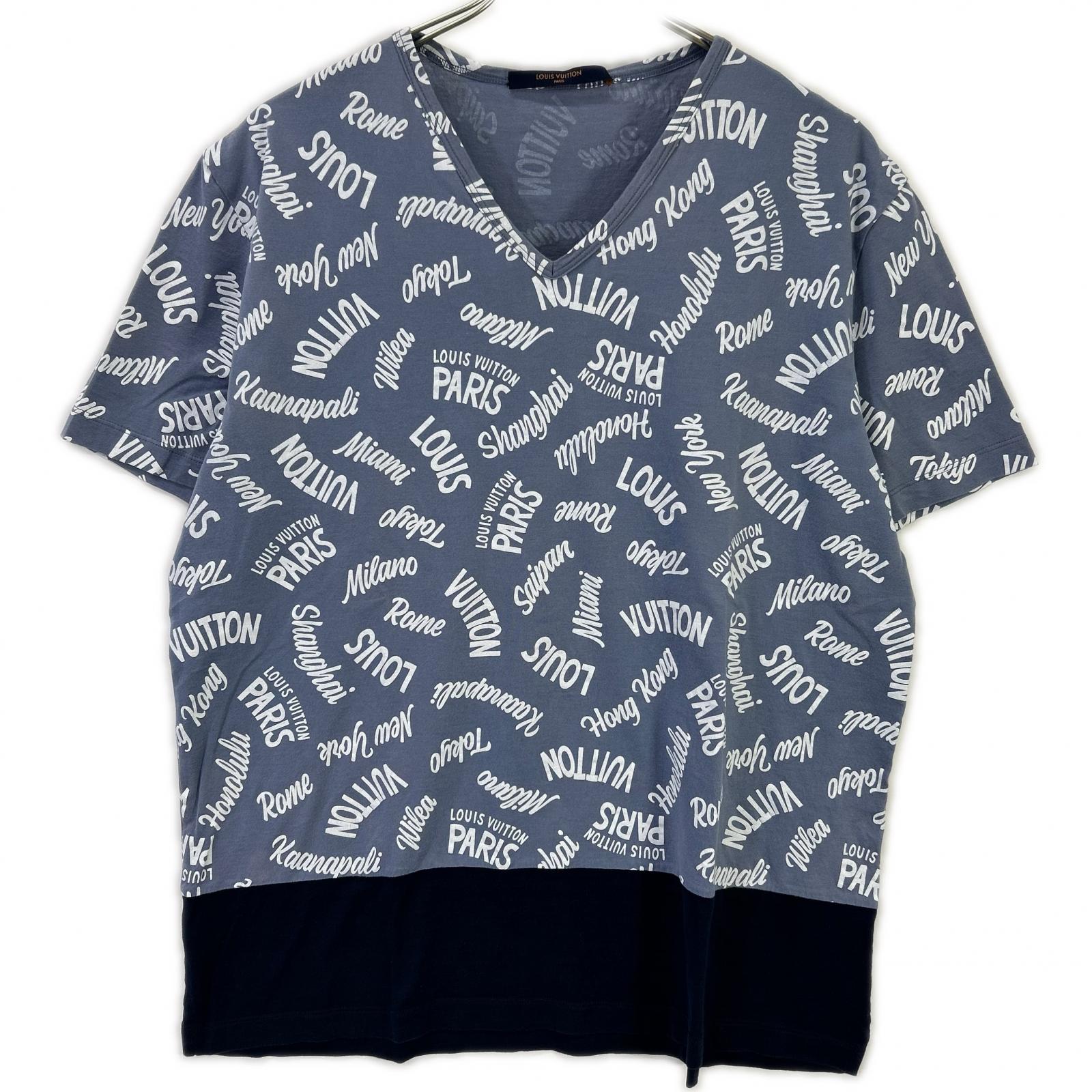 LOUIS VUITTON ルイヴィトン 18SS HEY06W ブルー×ネイビー オックスフォードシティロゴVネックTシャツ トップス