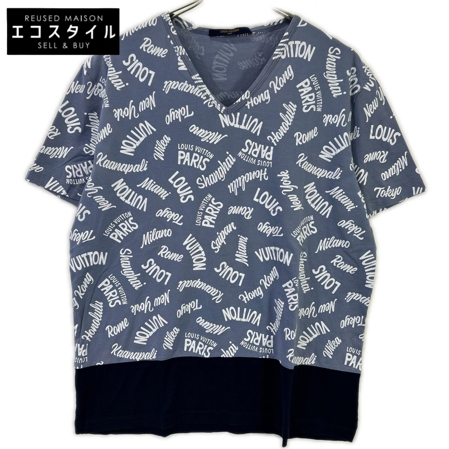 LOUIS VUITTON ルイヴィトン 18SS HEY06W ブルー×ネイビー オックスフォードシティロゴVネックTシャツ トップス