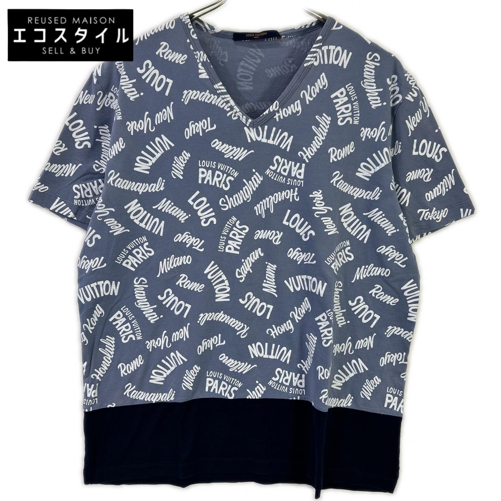 LOUIS VUITTON ルイヴィトン 18SS HEY06W ブルー×ネイビー オックスフォードシティロゴVネックTシャツ トップス