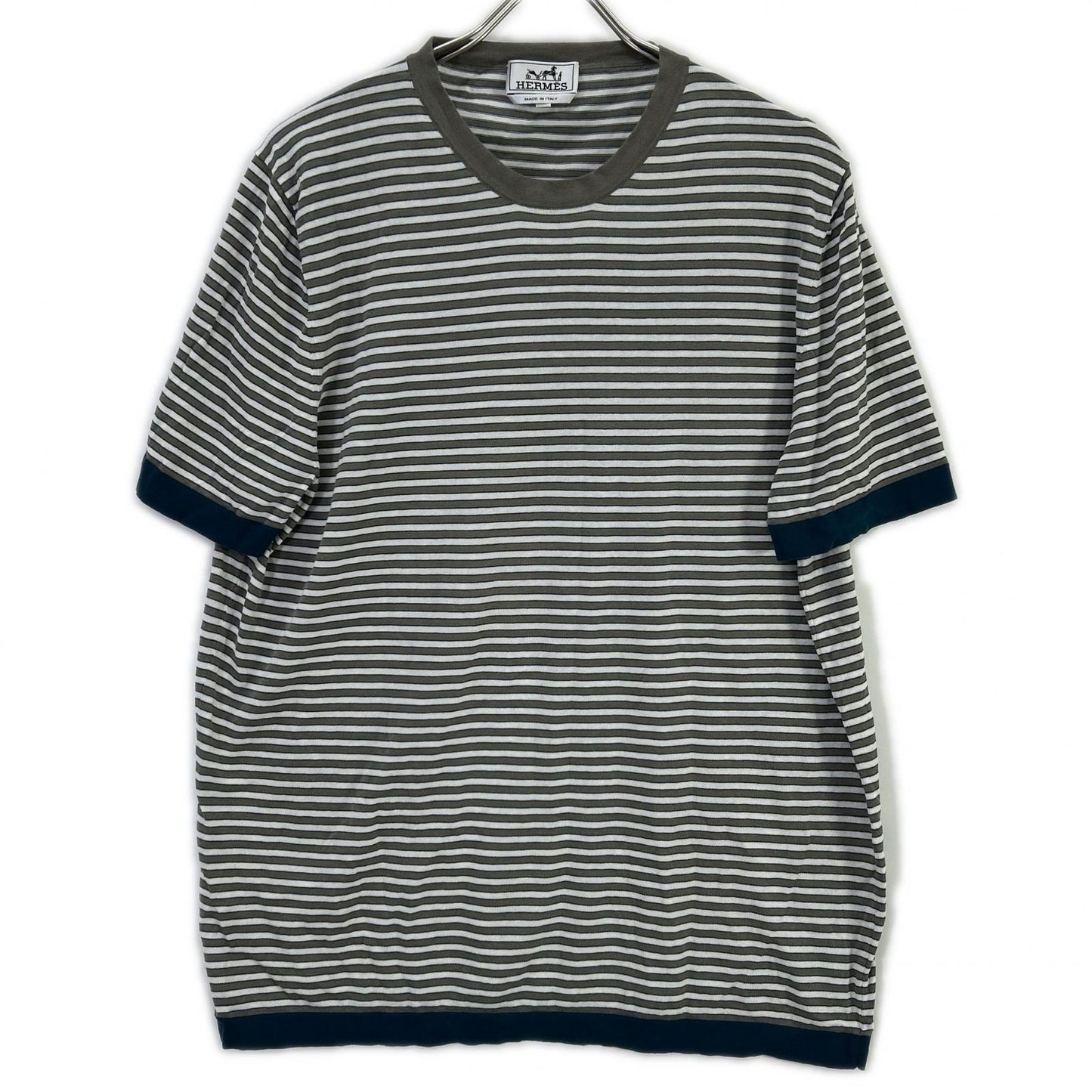 HERMES エルメス 17SS ホワイト×グレー ボーダーコットン半袖ニット トップス