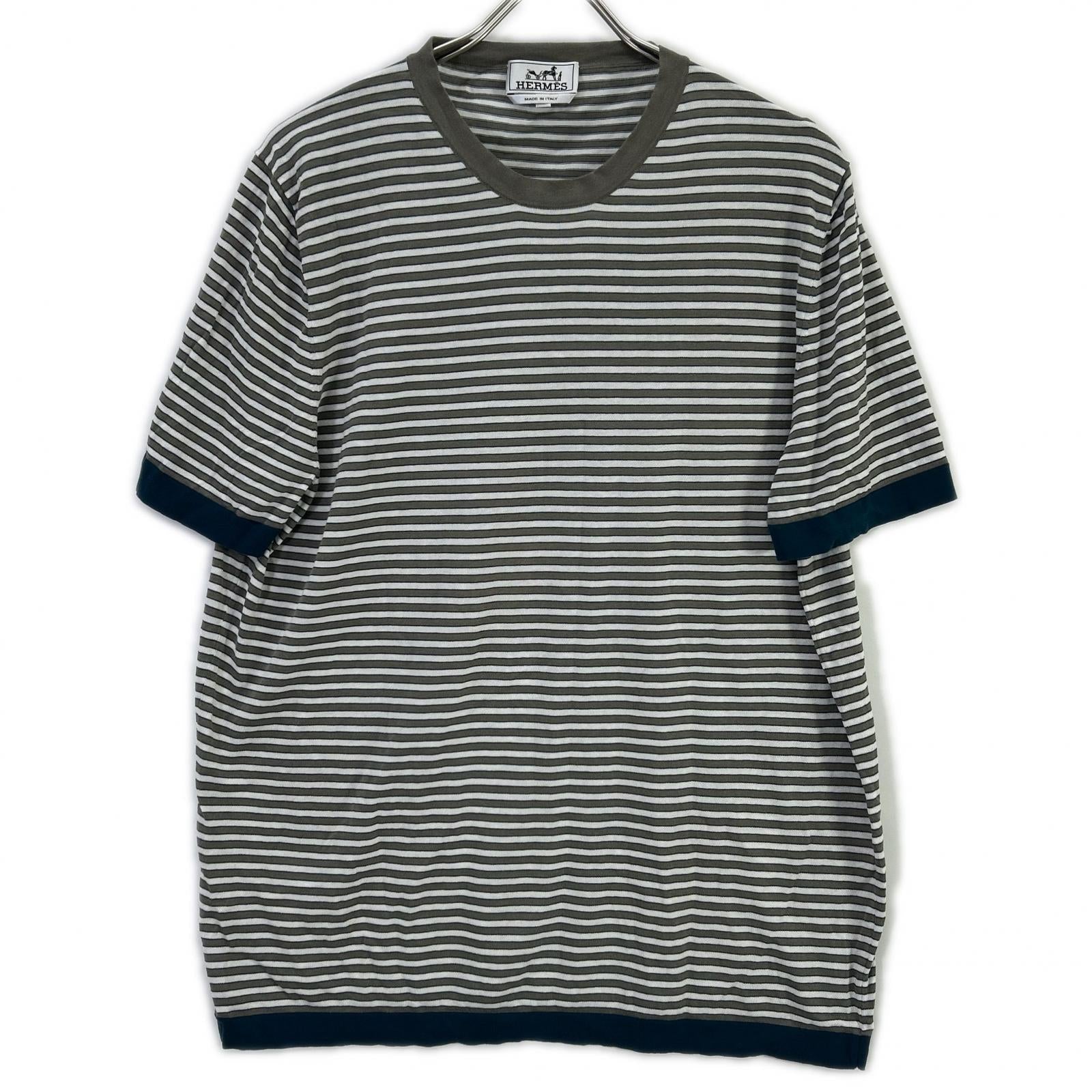 HERMES エルメス 17SS ホワイト×グレー ボーダーコットン半袖ニット トップス