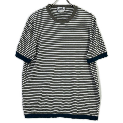 HERMES エルメス 17SS ホワイト×グレー ボーダーコットン半袖ニット トップス